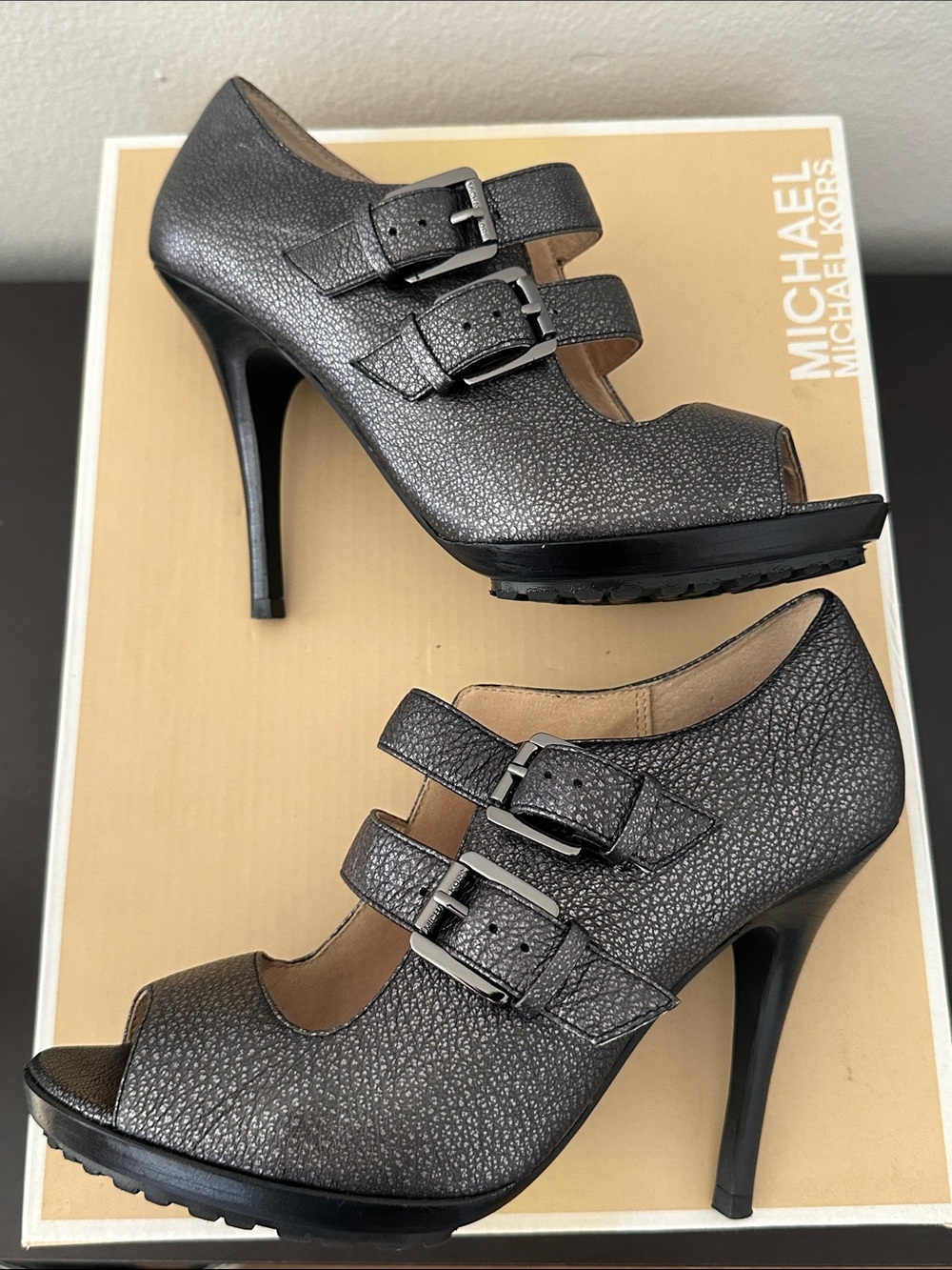 Michael Michael Kors Gunmetal Textured Open Toe Stiletto Heels Size 6.5 NIB